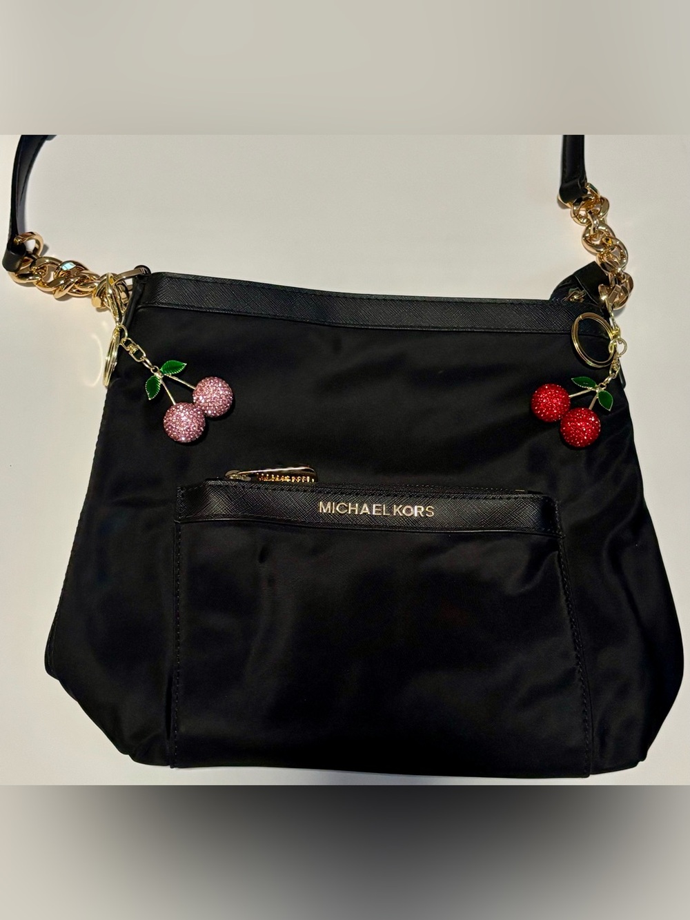Michael Kors Black Nylon Crossbody Shoulder Bag w/ Cherry Charms - Picture 4 of 10